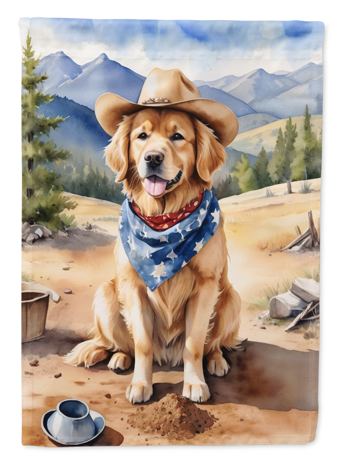 Golden Retriever Cowboy Welcome Garden Flag – Western Dog Yard Decor with Mountain Landscape