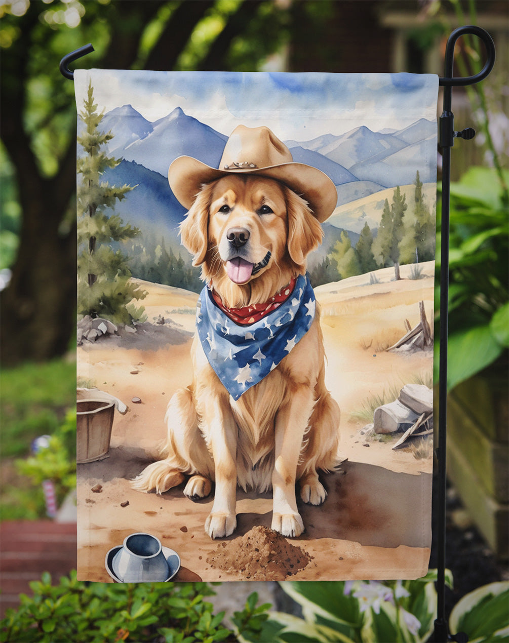 Golden Retriever Cowboy Welcome Garden Flag – Western Dog Yard Decor with Mountain Landscape