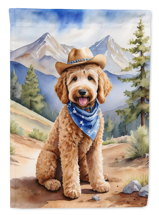 Goldendoodle Cowboy Welcome Garden Flag – Western Dog Yard Decor with Mountain Landscape