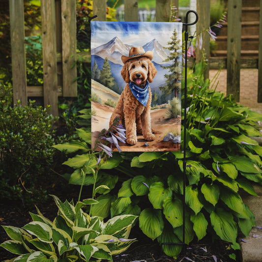 Goldendoodle Cowboy Welcome Garden Flag – Western Dog Yard Decor with Mountain Landscape