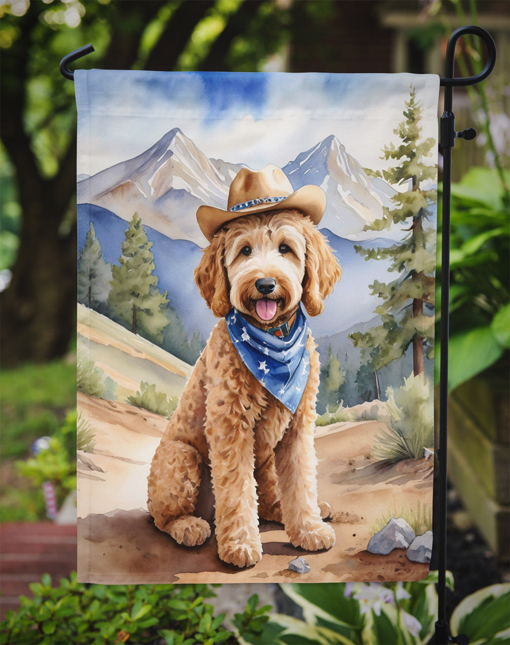 Goldendoodle Cowboy Welcome Garden Flag – Western Dog Yard Decor with Mountain Landscape
