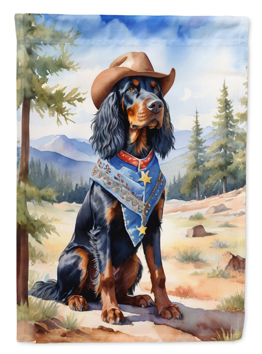 Gordon Setter Cowboy Welcome Garden Flag – Western Dog Yard Decor with Mountain Landscape