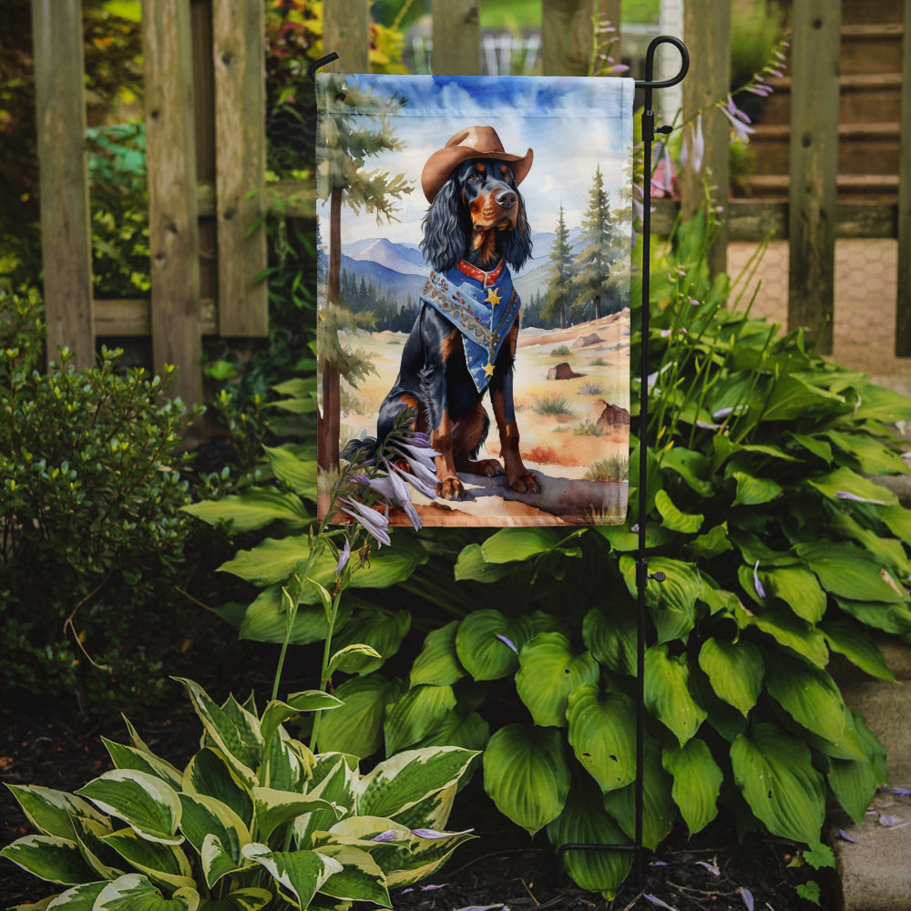 Gordon Setter Cowboy Welcome Garden Flag – Western Dog Yard Decor with Mountain Landscape