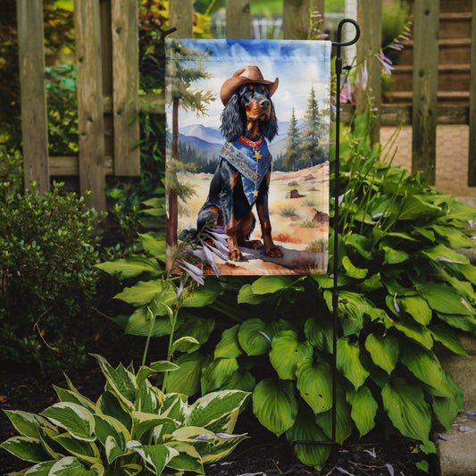 Gordon Setter Cowboy Welcome Garden Flag – Western Dog Yard Decor with Mountain Landscape