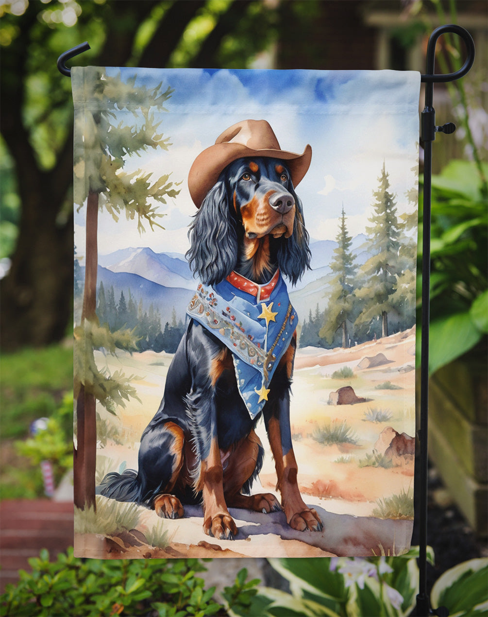 Gordon Setter Cowboy Welcome Garden Flag – Western Dog Yard Decor with Mountain Landscape