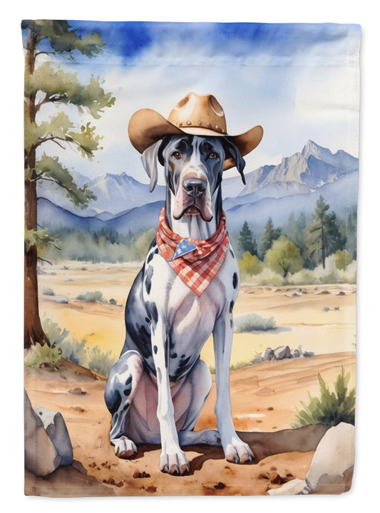 Great Dane Cowboy Welcome Garden Flag – Western Dog Yard Decor with Mountain Landscape