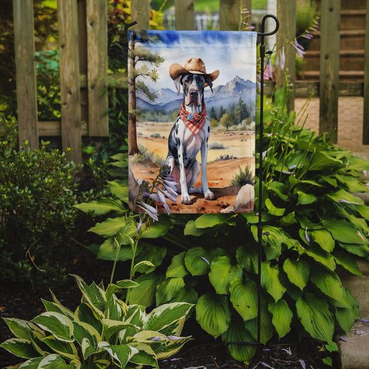 Great Dane Cowboy Welcome Garden Flag – Western Dog Yard Decor with Mountain Landscape