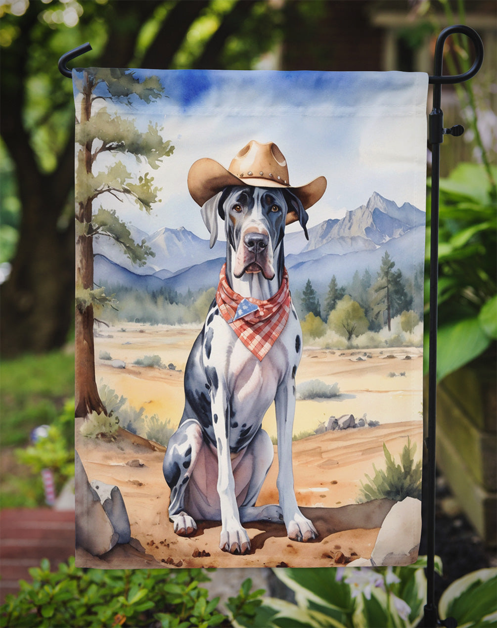 Great Dane Cowboy Welcome Garden Flag – Western Dog Yard Decor with Mountain Landscape