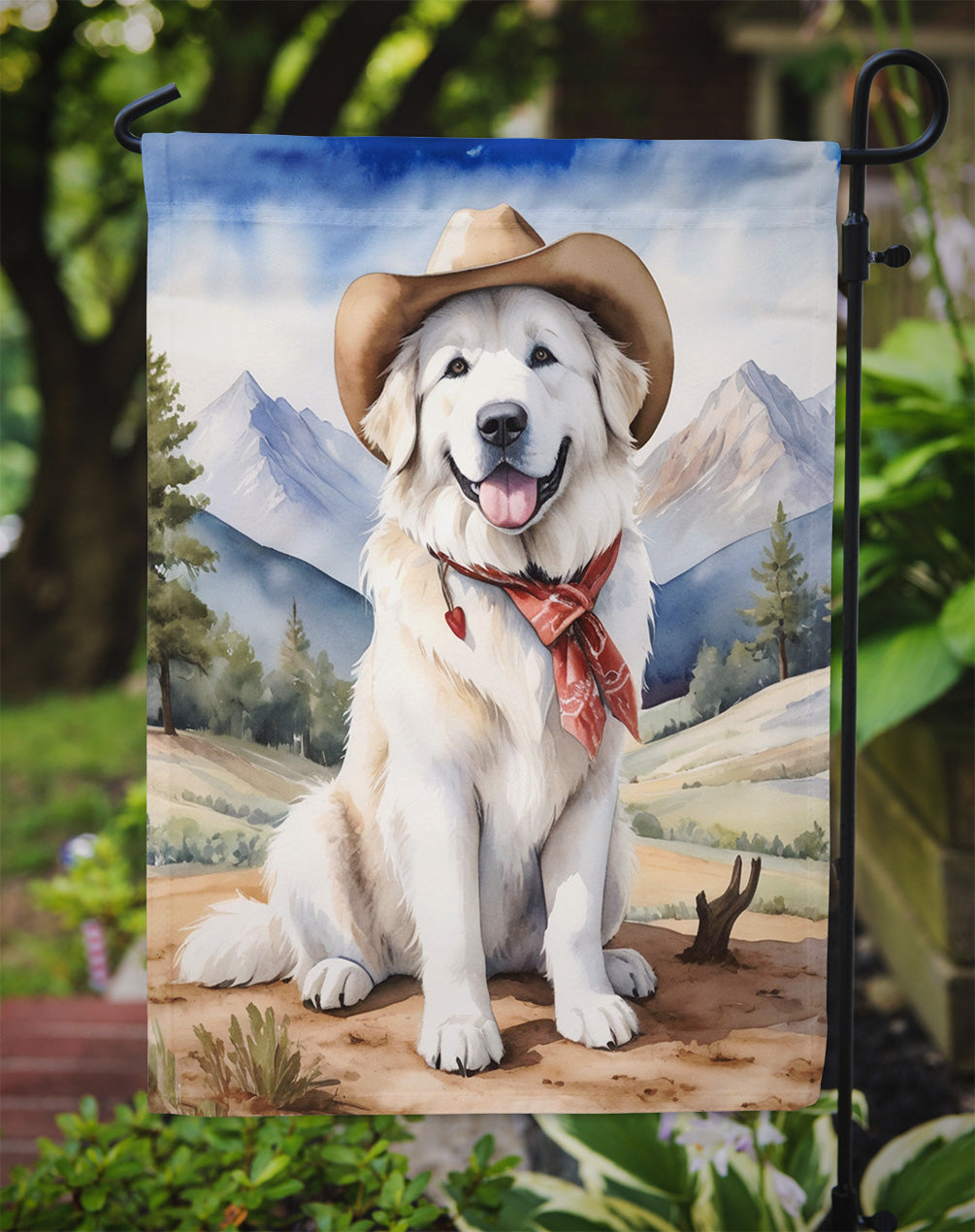 Great Pyrenees Cowboy Welcome Garden Flag – Western Dog Yard Decor with Mountain Landscape
