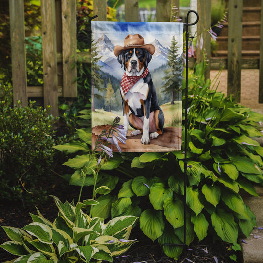 Greater Swiss Mountain Dog Cowboy Welcome Garden Flag – Western Dog Yard Decor with Mountain Landscape