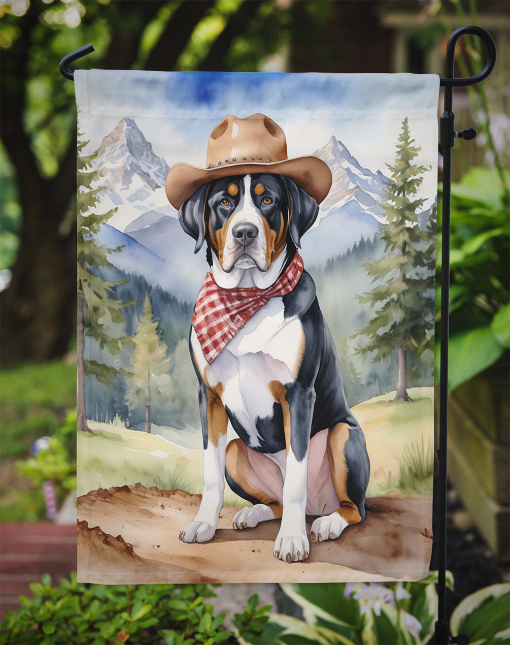 Greater Swiss Mountain Dog Cowboy Welcome Garden Flag – Western Dog Yard Decor with Mountain Landscape