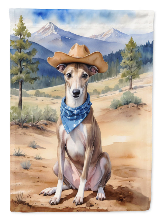 Greyhound Cowboy Welcome Garden Flag – Western Dog Yard Decor with Mountain Landscape