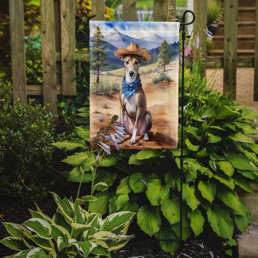Greyhound Cowboy Welcome Garden Flag – Western Dog Yard Decor with Mountain Landscape