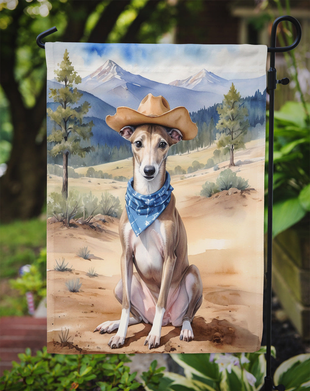 Greyhound Cowboy Welcome Garden Flag – Western Dog Yard Decor with Mountain Landscape