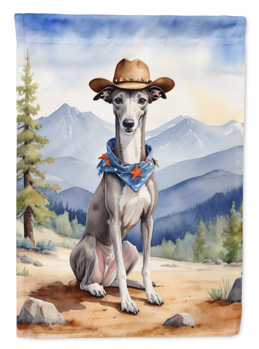 Greyhound Cowboy Welcome Garden Flag – Western Dog Yard Decor with Mountain Landscape