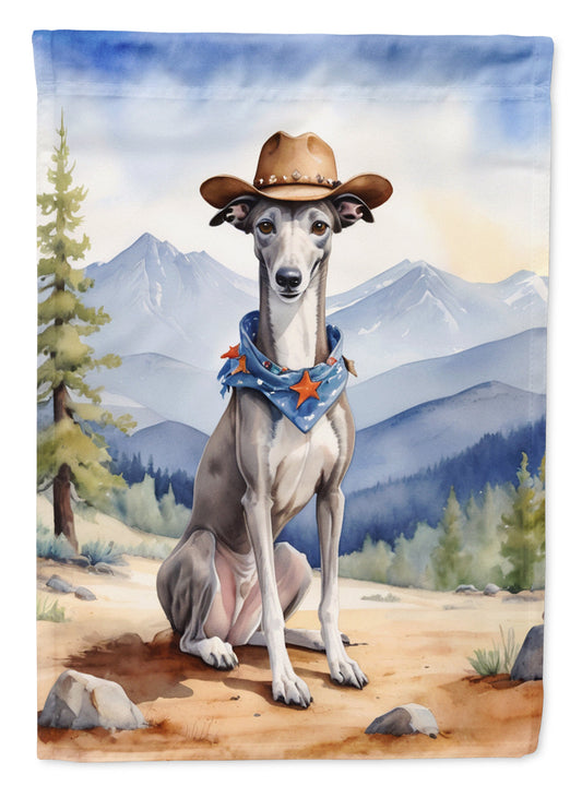 Greyhound Cowboy Welcome Garden Flag – Western Dog Yard Decor with Mountain Landscape