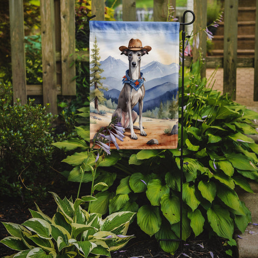 Greyhound Cowboy Welcome Garden Flag – Western Dog Yard Decor with Mountain Landscape