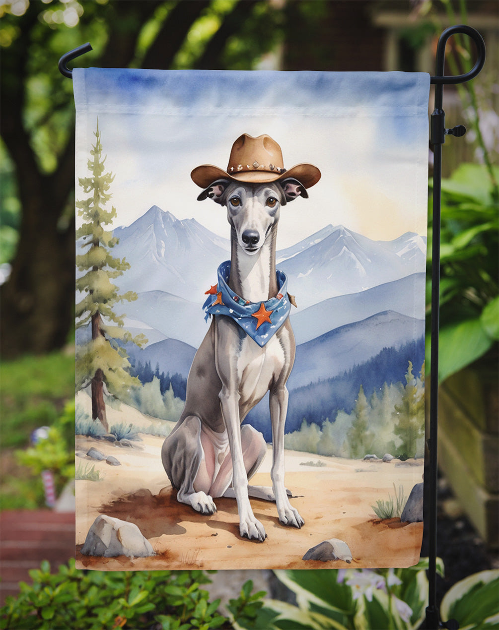Greyhound Cowboy Welcome Garden Flag – Western Dog Yard Decor with Mountain Landscape
