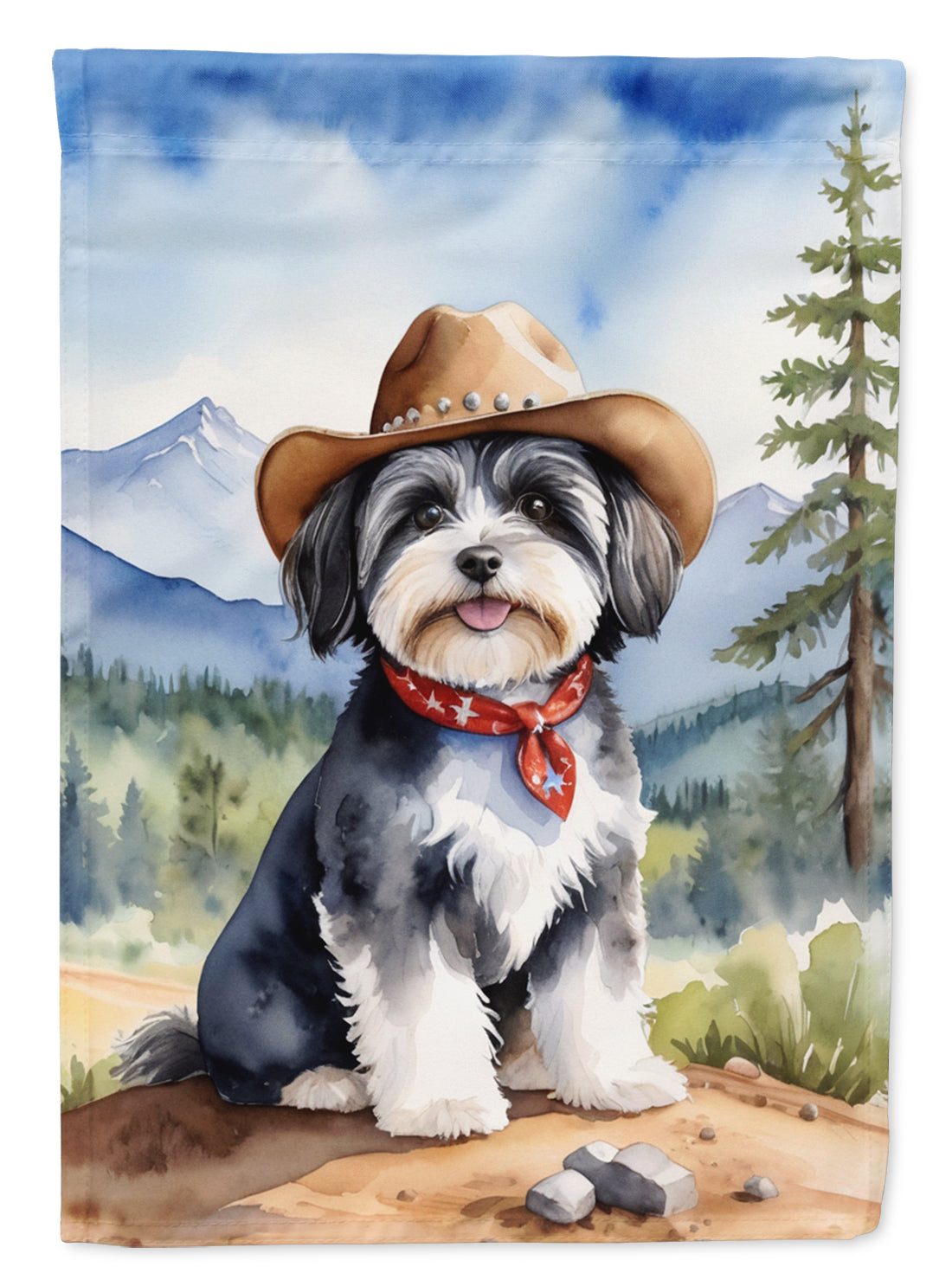 Havanese Cowboy Welcome Garden Flag – Western Dog Yard Decor with Mountain Landscape