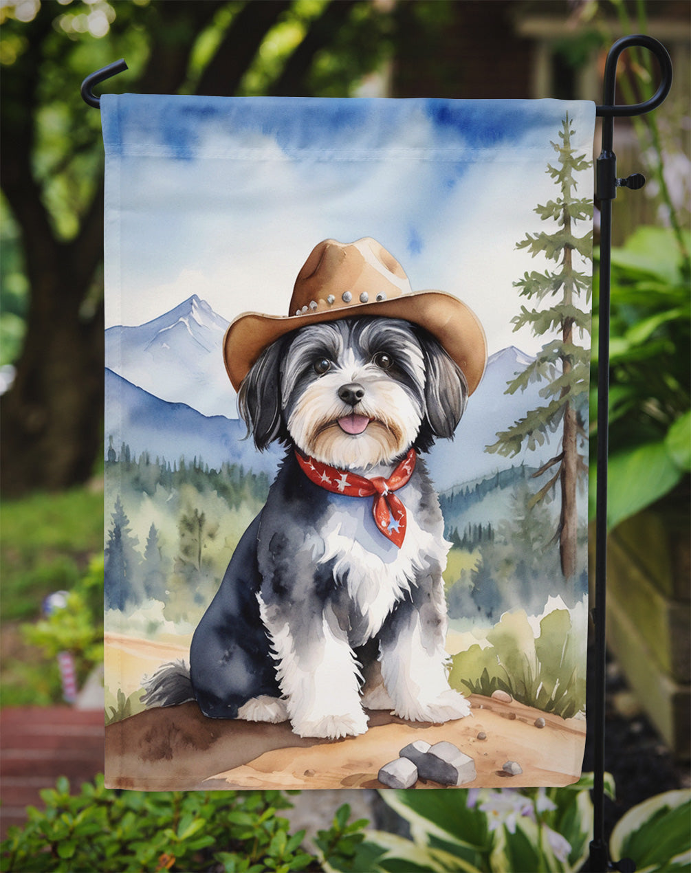Havanese Cowboy Welcome Garden Flag – Western Dog Yard Decor with Mountain Landscape