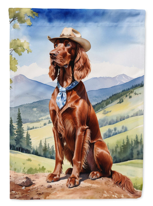 Irish Setter Cowboy Welcome Garden Flag – Western Dog Yard Decor with Mountain Landscape