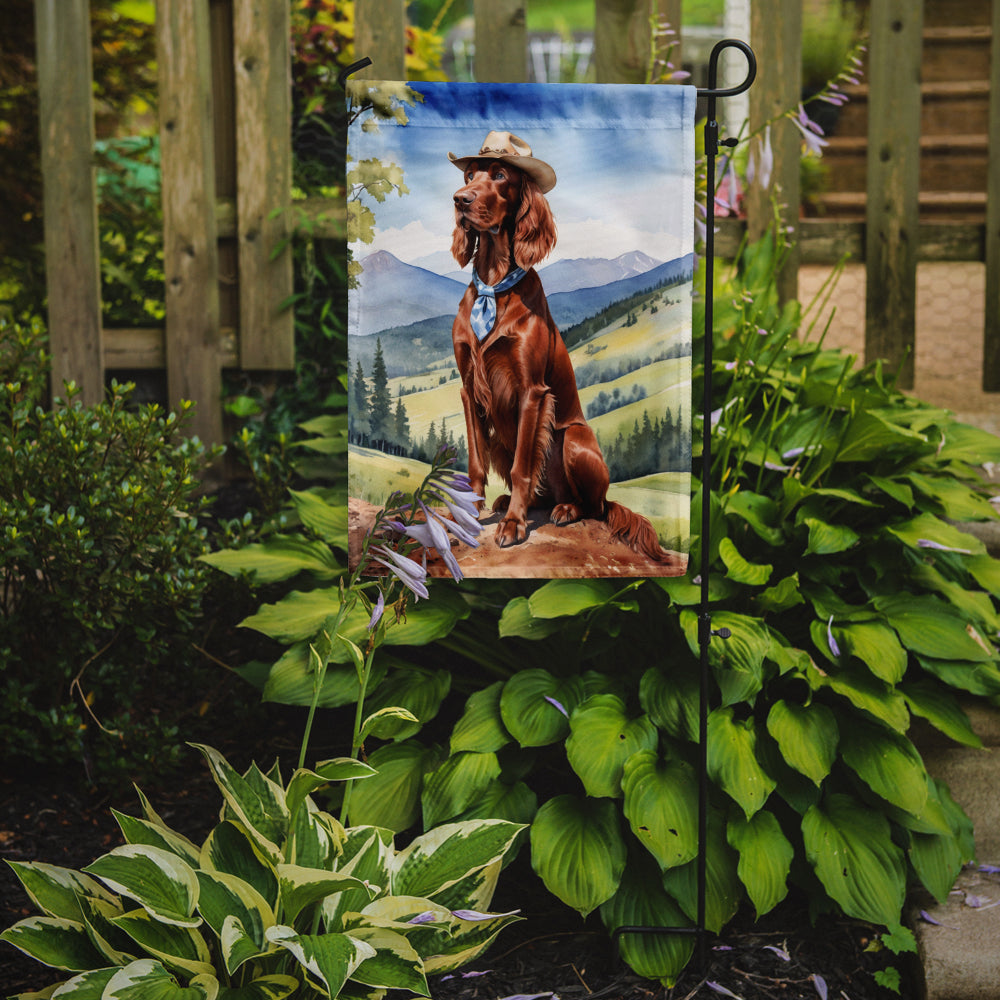 Irish Setter Cowboy Welcome Garden Flag – Western Dog Yard Decor with Mountain Landscape