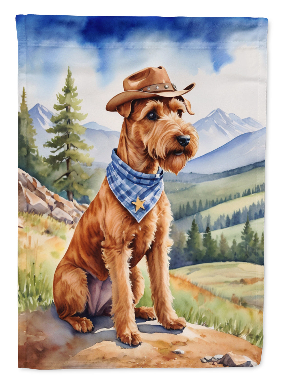 Irish Terrier Cowboy Welcome Garden Flag – Western Dog Yard Decor with Mountain Landscape