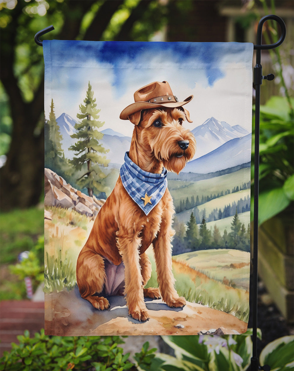 Irish Terrier Cowboy Welcome Garden Flag – Western Dog Yard Decor with Mountain Landscape