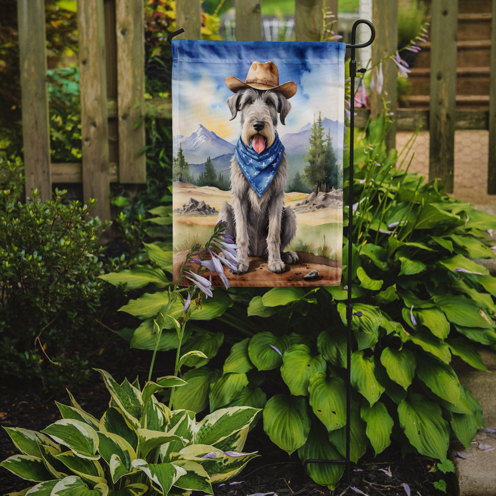 Irish Wolfhound Cowboy Welcome Garden Flag – Western Dog Yard Decor with Mountain Landscape