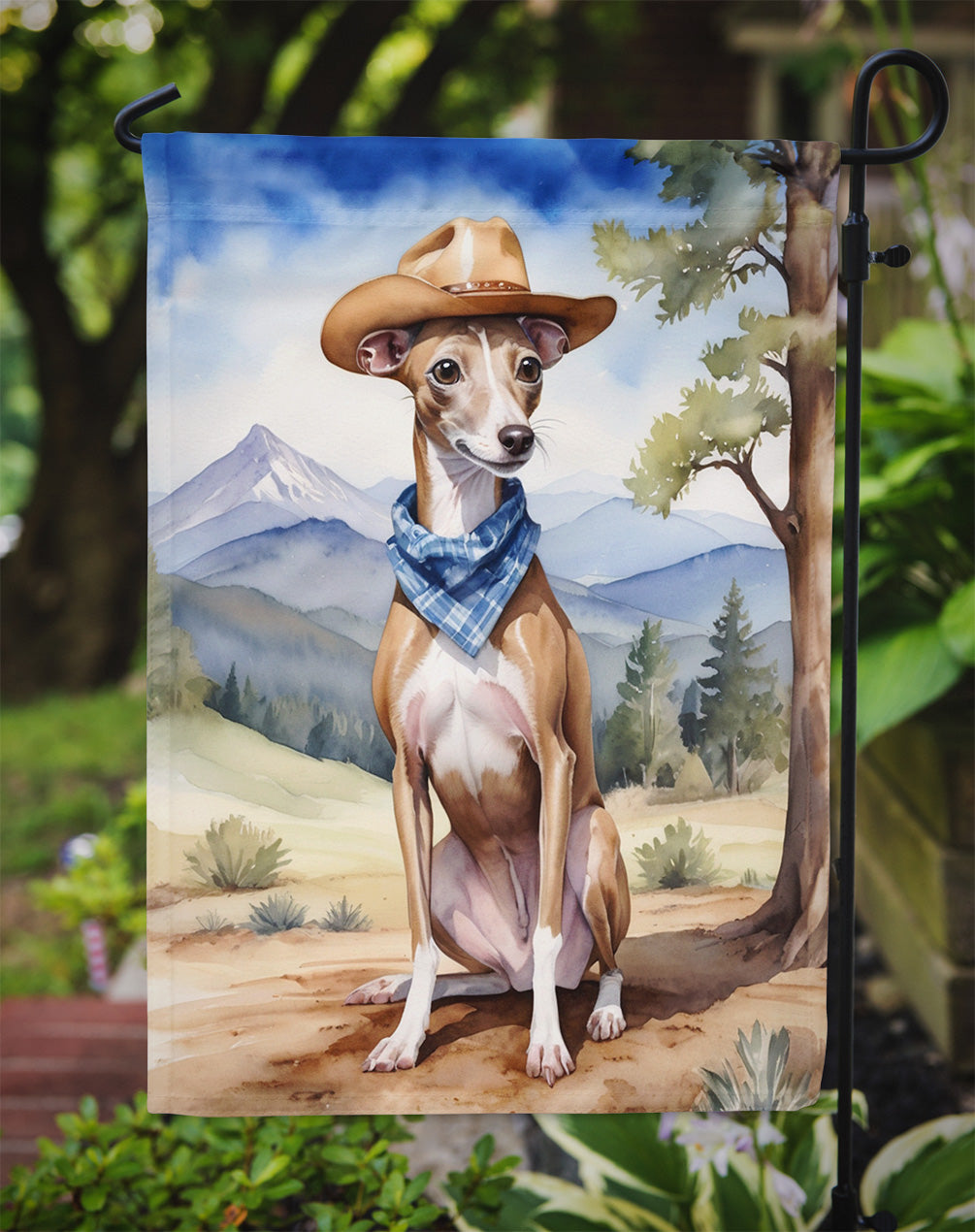Italian Greyhound Cowboy Welcome Garden Flag – Western Dog Yard Decor with Mountain Landscape