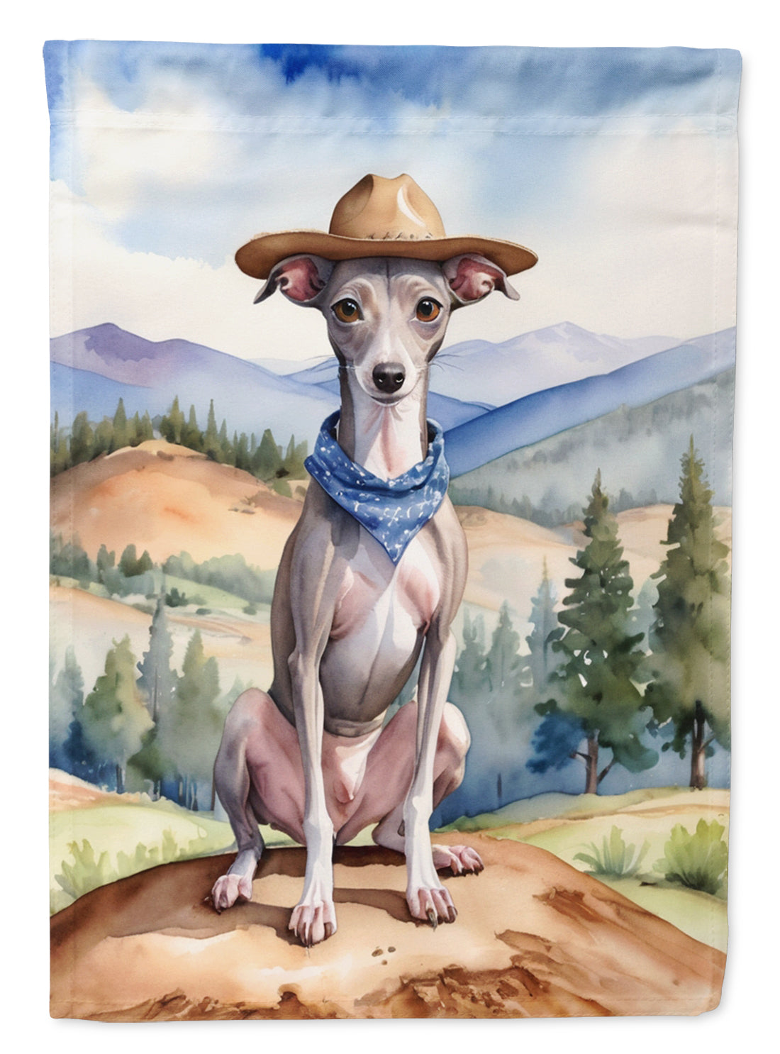 Italian Greyhound Cowboy Welcome Garden Flag – Western Dog Yard Decor with Mountain Landscape