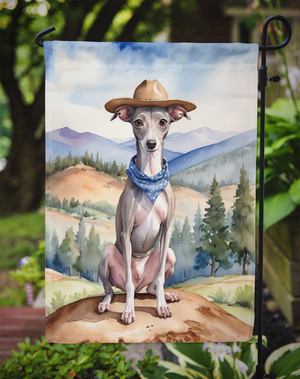 Italian Greyhound Cowboy Welcome Garden Flag – Western Dog Yard Decor with Mountain Landscape