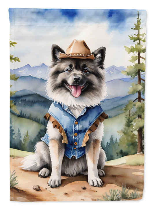 Keeshond Cowboy Welcome Garden Flag – Western Dog Yard Decor with Mountain Landscape