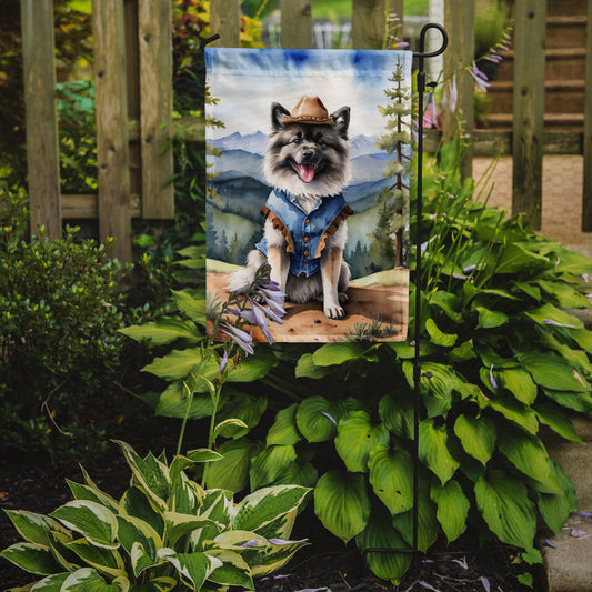 Keeshond Cowboy Welcome Garden Flag – Western Dog Yard Decor with Mountain Landscape