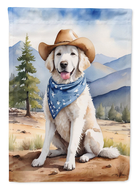 Kuvasz Cowboy Welcome Garden Flag – Western Dog Yard Decor with Mountain Landscape