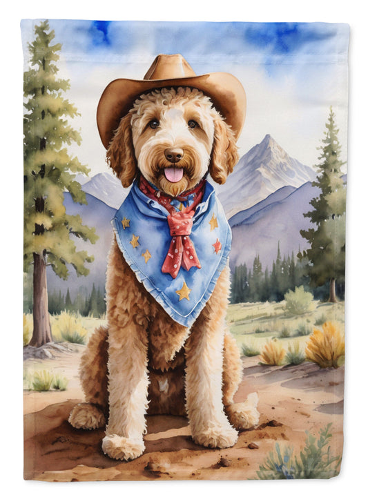 Labradoodle Cowboy Welcome Garden Flag – Western Dog Yard Decor with Mountain Landscape