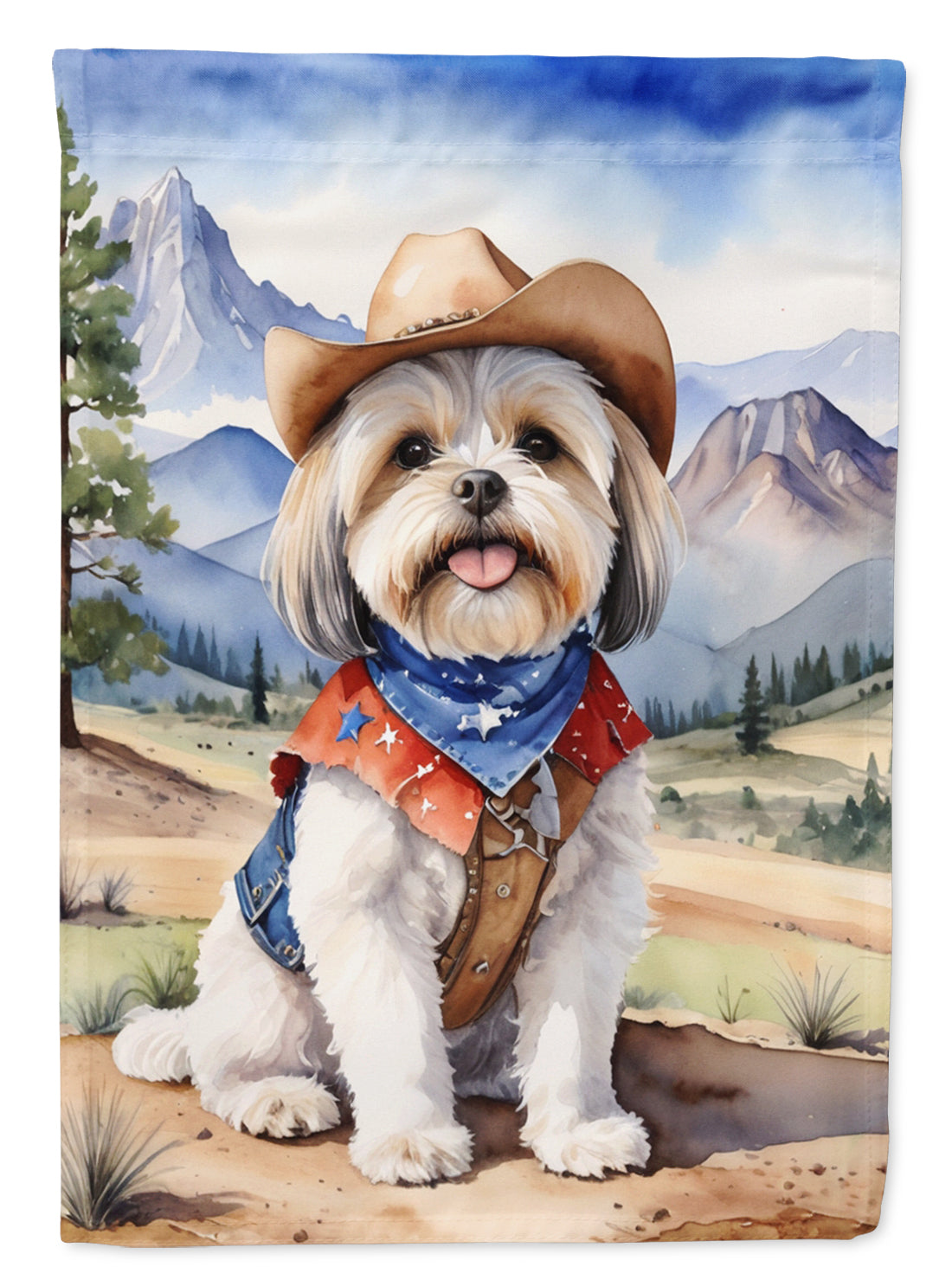 Lhasa Apso Cowboy Welcome Garden Flag – Western Dog Yard Decor with Mountain Landscape