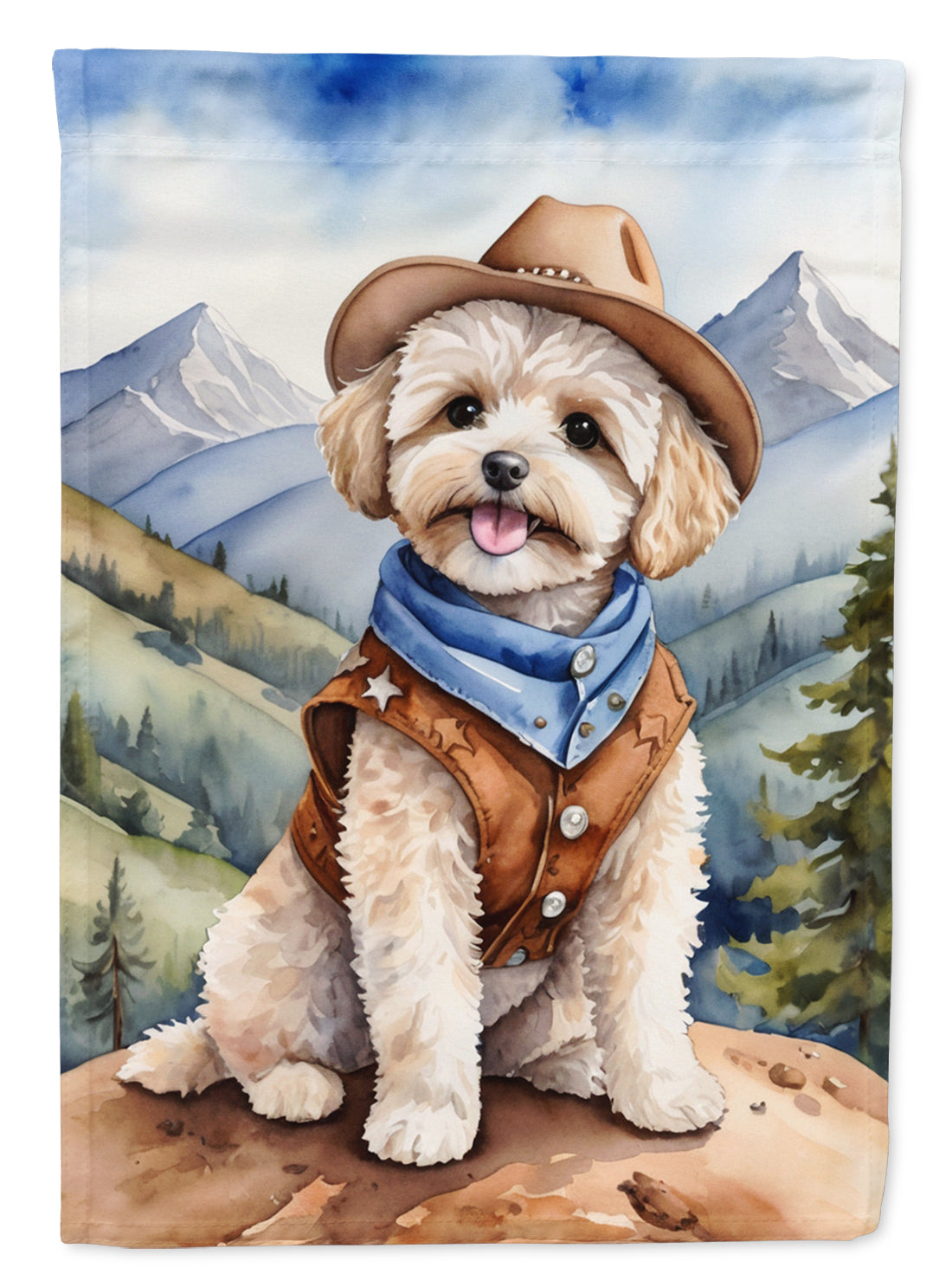 Maltipoo Cowboy Welcome Garden Flag – Western Dog Yard Decor with Mountain Landscape