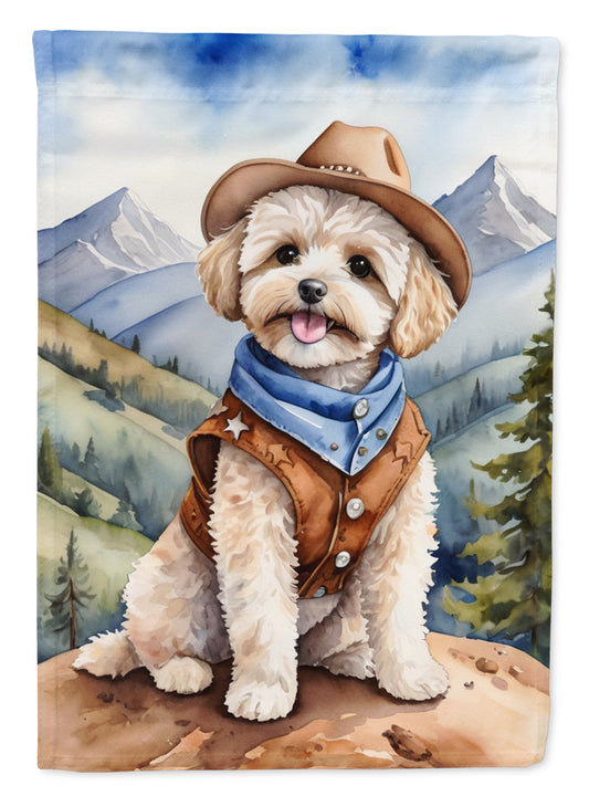 Maltipoo Cowboy Welcome Garden Flag – Western Dog Yard Decor with Mountain Landscape