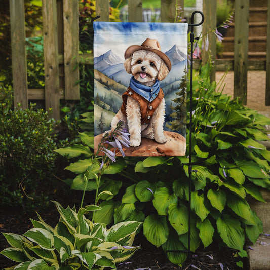 Maltipoo Cowboy Welcome Garden Flag – Western Dog Yard Decor with Mountain Landscape