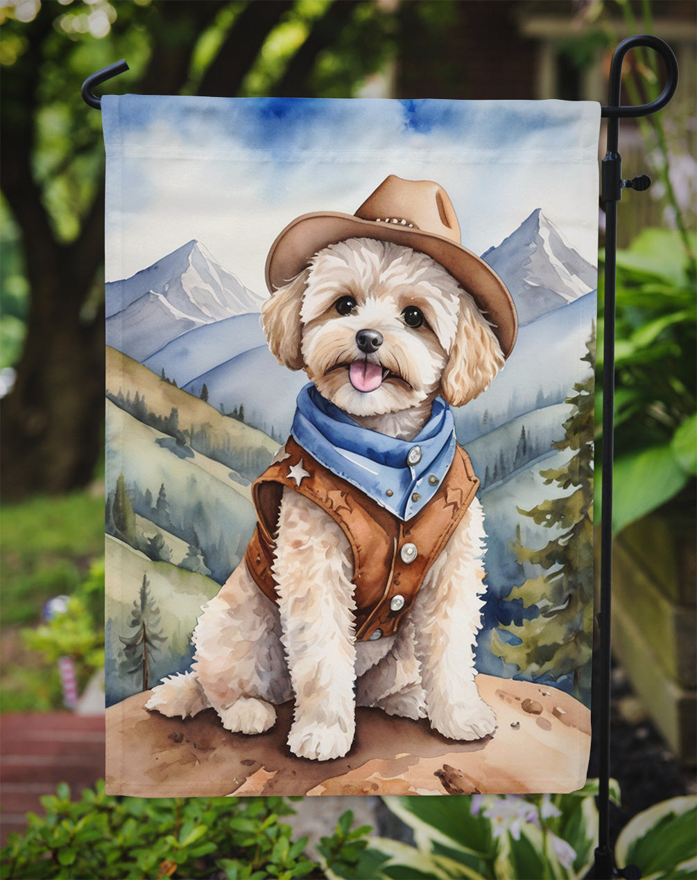 Maltipoo Cowboy Welcome Garden Flag – Western Dog Yard Decor with Mountain Landscape