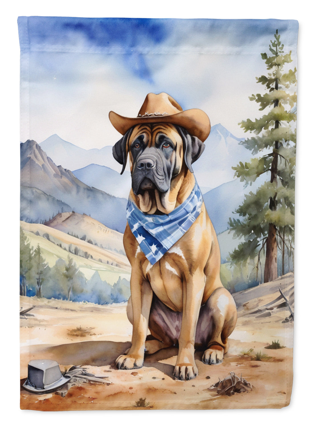 Mastiff Cowboy Welcome Garden Flag – Western Dog Yard Decor with Mountain Landscape