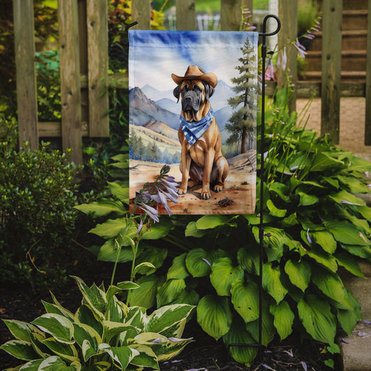 Mastiff Cowboy Welcome Garden Flag – Western Dog Yard Decor with Mountain Landscape