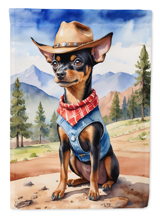Miniature Pinscher Cowboy Welcome Garden Flag – Western Dog Yard Decor with Mountain Landscape