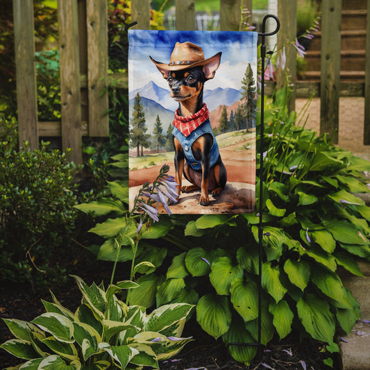 Miniature Pinscher Cowboy Welcome Garden Flag – Western Dog Yard Decor with Mountain Landscape