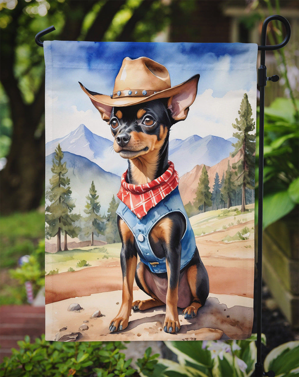 Miniature Pinscher Cowboy Welcome Garden Flag – Western Dog Yard Decor with Mountain Landscape