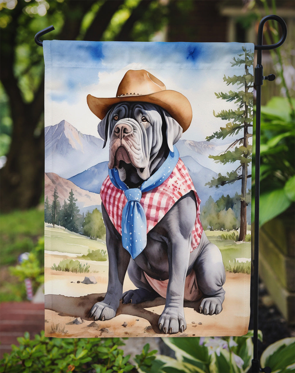 Neapolitan Mastiff Cowboy Welcome Garden Flag – Western Dog Yard Decor with Mountain Landscape