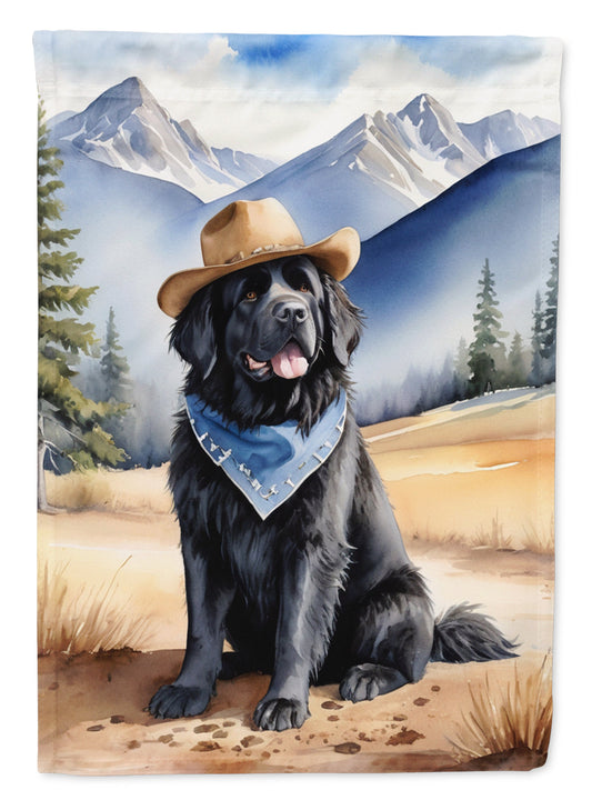 Newfoundland Cowboy Welcome Garden Flag – Western Dog Yard Decor with Mountain Landscape