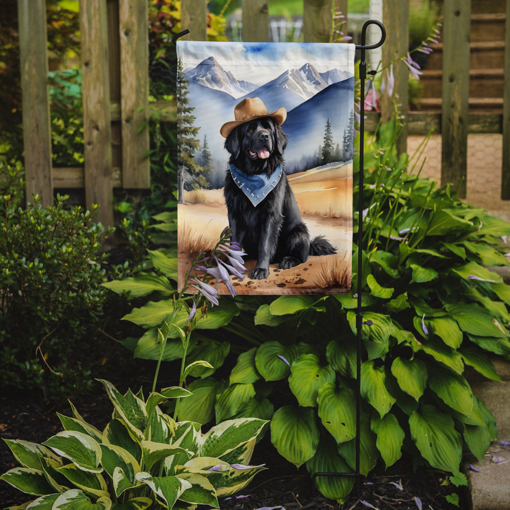 Newfoundland Cowboy Welcome Garden Flag – Western Dog Yard Decor with Mountain Landscape