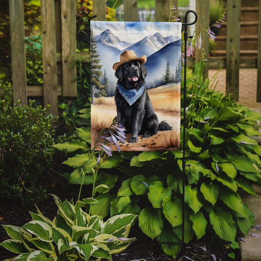 Newfoundland Cowboy Welcome Garden Flag – Western Dog Yard Decor with Mountain Landscape